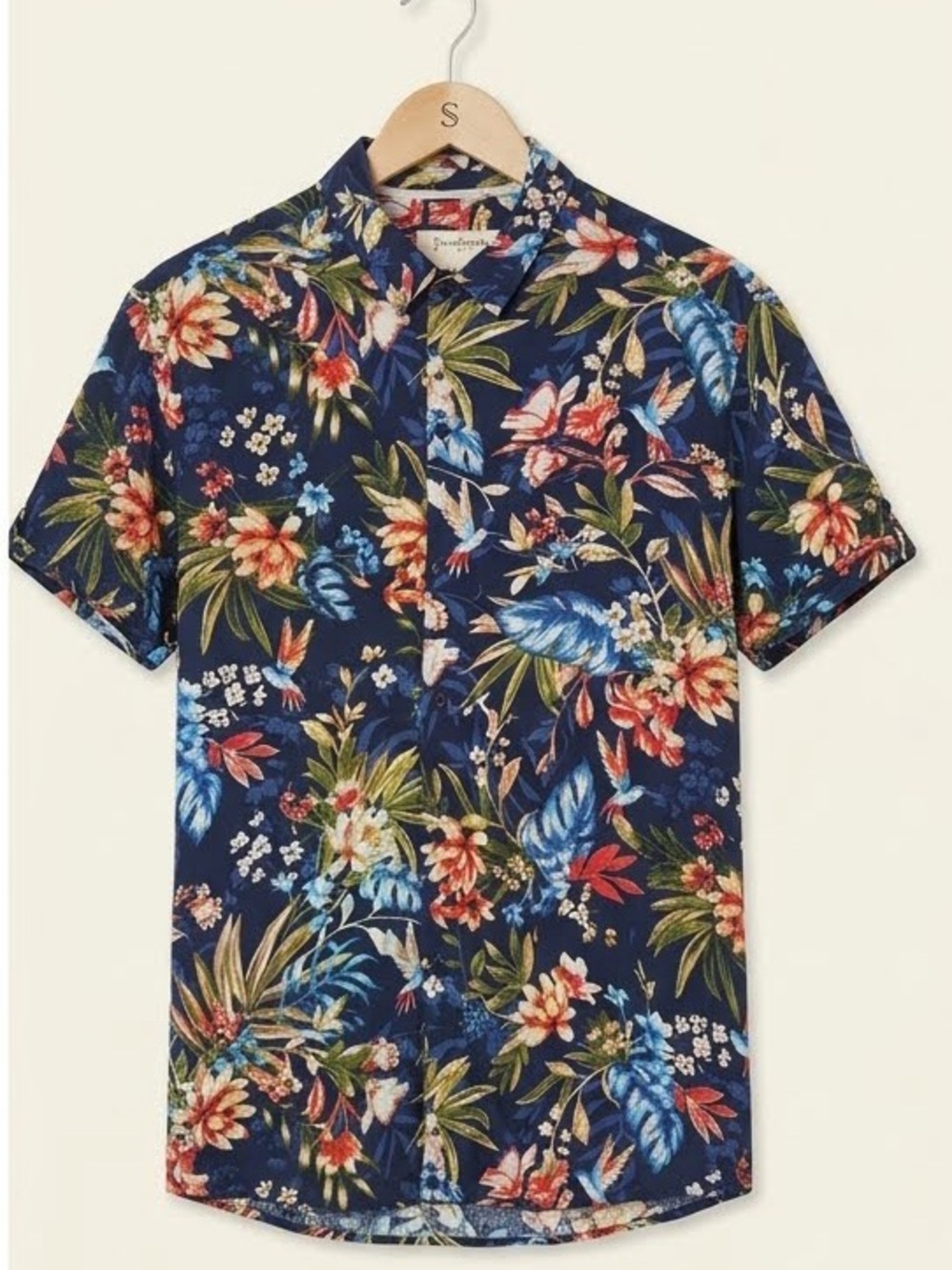 Stradivarius Man Floral Short-Sleeve Button Shirt - Navy Blue large